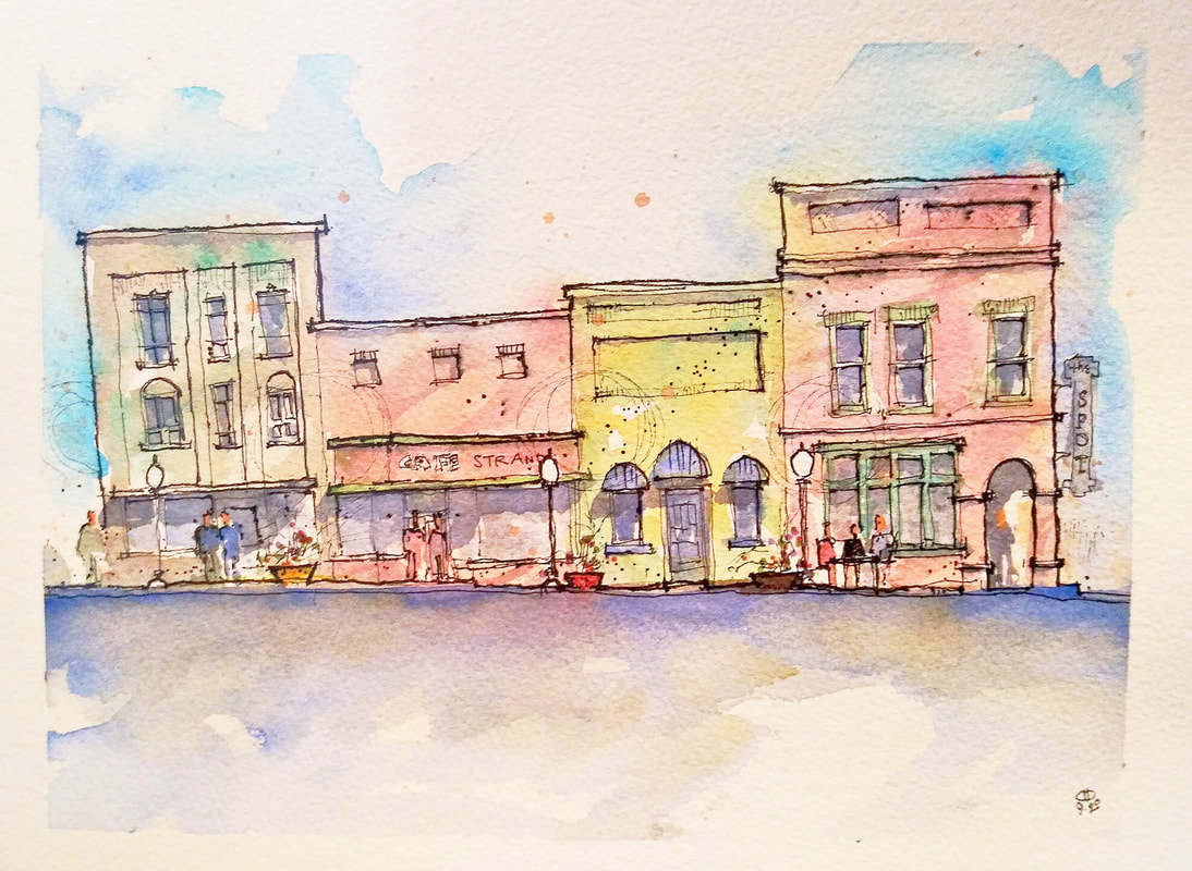 Don David  |  Downtown Fort Payne  |  Pen & ink with watercolor washes  |  12